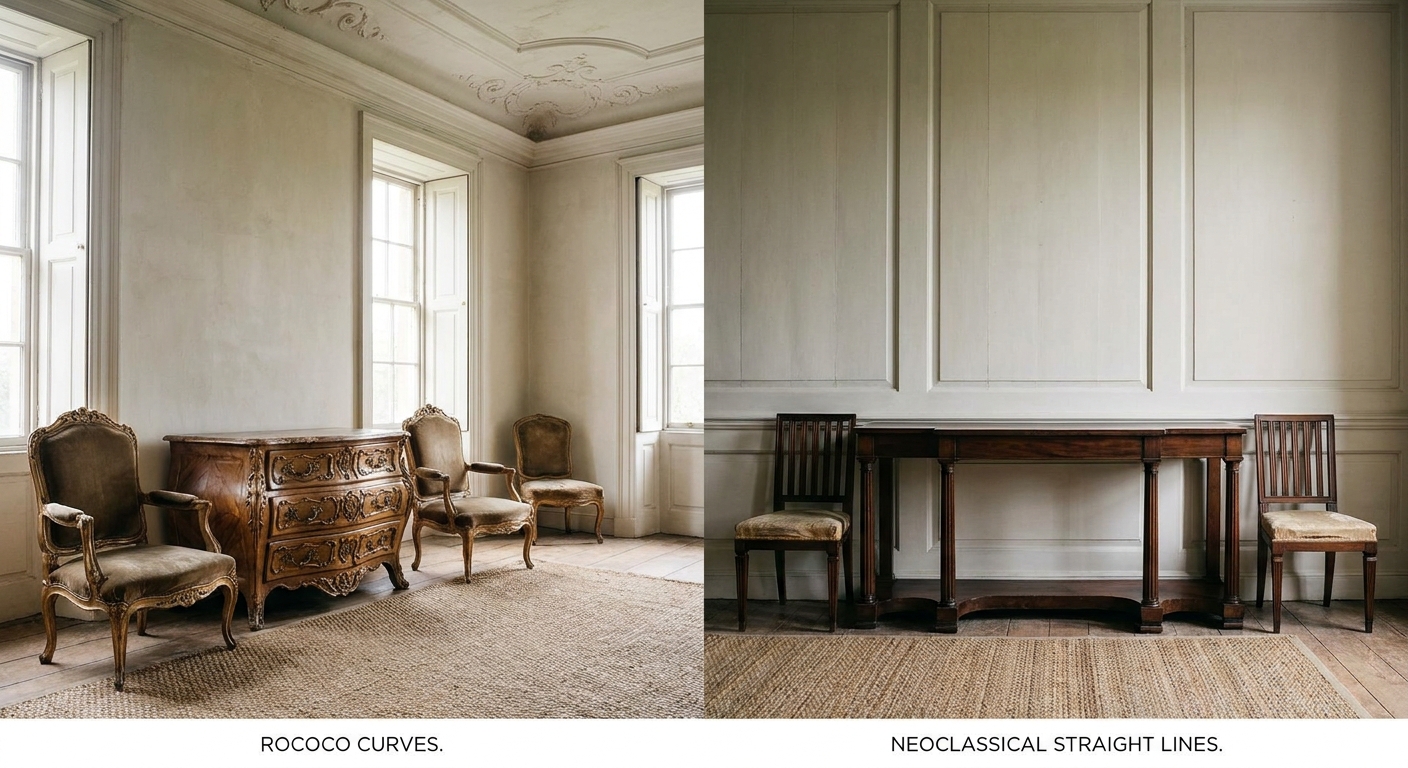 How Rococo curves differ from Neoclassical straight lines in furniture selection