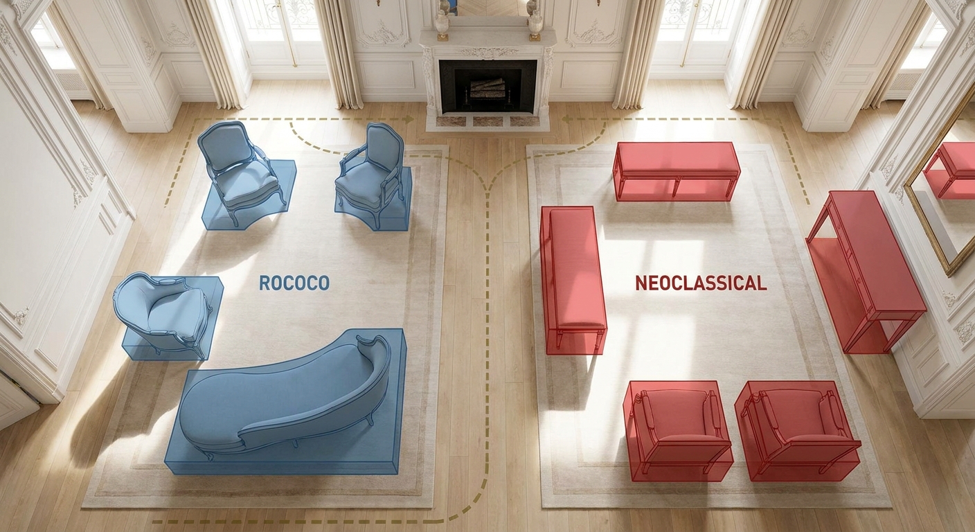 How Rococo curves differ from Neoclassical straight lines in furniture selection