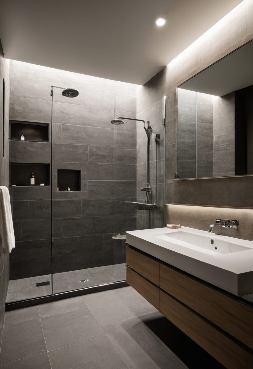 Luxury interior image showing Which bathroom fixture is hardest to relocate: the toilet, shower, or vanity
