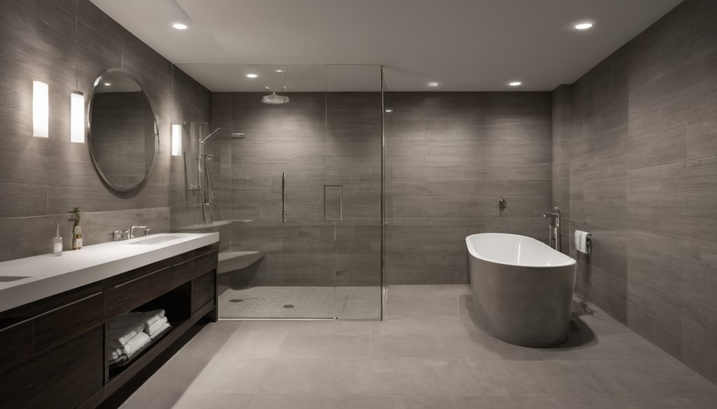 A curbless shower is feasible only when the bathroom has enough vertical depth for the complete sloped assembly interior planning detail