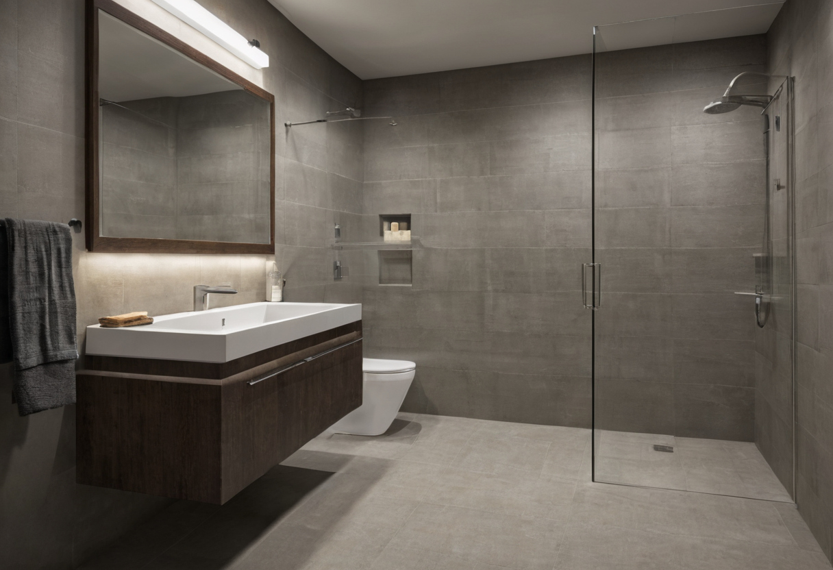 Concrete-slab bathrooms need scanning and depth verification before the slab is recessed shown in a luxury residential interior